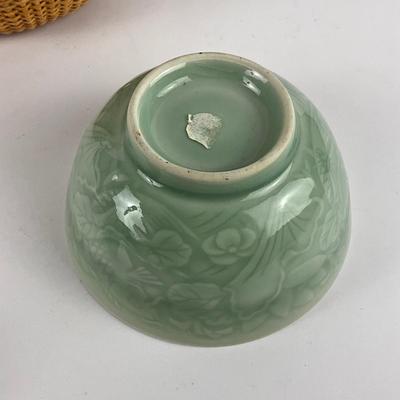 375 Asian Inspired Celadon Pottery With Wicker Basket