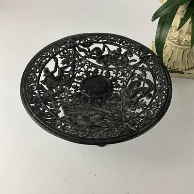 376 Decorative Ceramic Jug, Cast Iron Pedestal Plate & Faux Plant In Vintage Planter