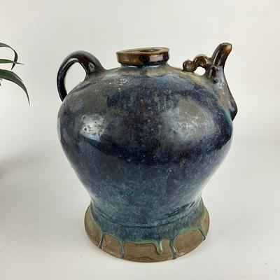376 Decorative Ceramic Jug, Cast Iron Pedestal Plate & Faux Plant In Vintage Planter