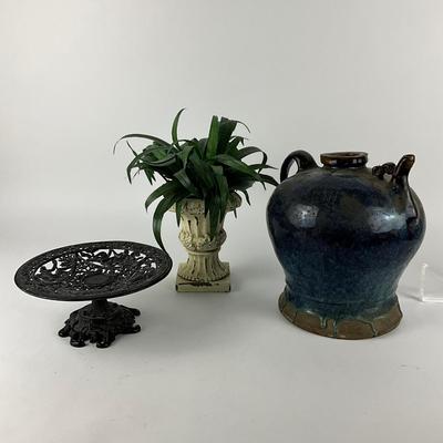 376 Decorative Ceramic Jug, Cast Iron Pedestal Plate & Faux Plant In Vintage Planter