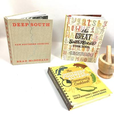 204. Southern Cooking Book Collection with Mortar and Pestle