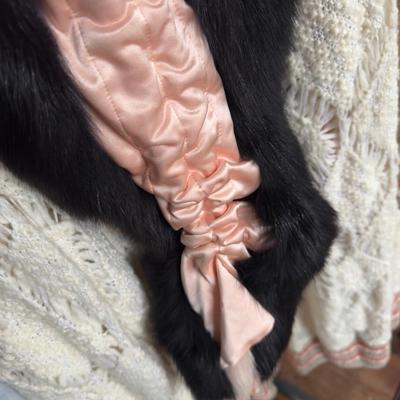 213. FENDI Black and Pink Stole Wrap - 100% Silk with Fox Fur