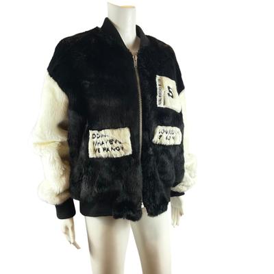 219. SJYP Black and White Faux Fur Coat with Embroidered Patches