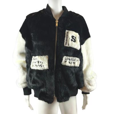 219. SJYP Black and White Faux Fur Coat with Embroidered Patches