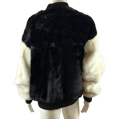 219. SJYP Black and White Faux Fur Coat with Embroidered Patches