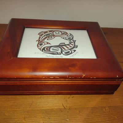 Wooden Storage Box with 'Salmon Circle' Print on Lid- Signed and Numbered