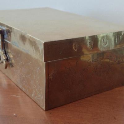 Wood Lined Brass Storage Box with Etched Dragon Design
