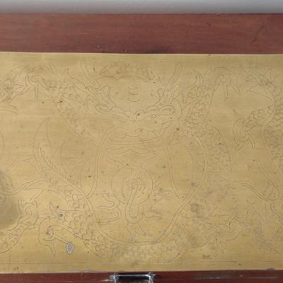 Wood Lined Brass Storage Box with Etched Dragon Design
