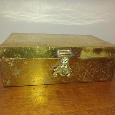 Wood Lined Brass Storage Box with Etched Dragon Design
