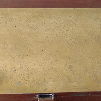 Wood Lined Brass Storage Box with Etched Dragon Design