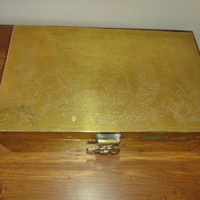 Wood Lined Brass Storage Box with Etched Dragon Design