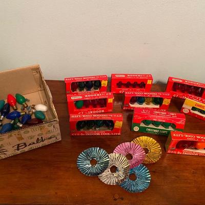 9 boxes and several loose vintage Christmas indoor cool-light bulbs; foil lite reflectors