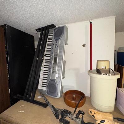 KEYBOARD, FAN, BOW LOT - WOOD CABINET SHELVE INCLUDED