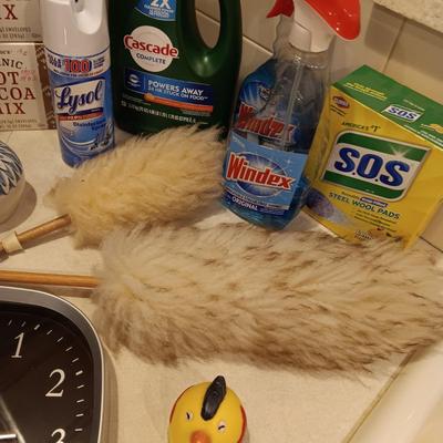 CLEANERS, DUSTERS, WALL CLOCK AND MORE