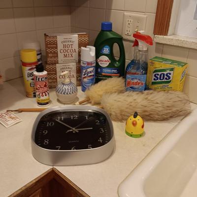 CLEANERS, DUSTERS, WALL CLOCK AND MORE