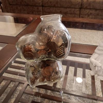 GLASS SNOOPY BANK FULL OF PENNIES