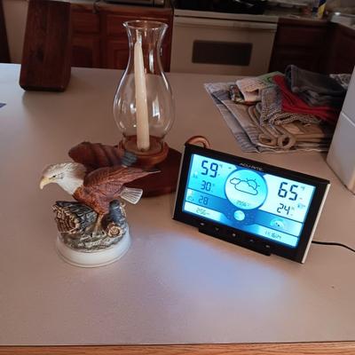 ACU-RITE ATOMIC CLOCK, PORCELAIN EAGLE AN HURRICANE CANDLE. HOLDER