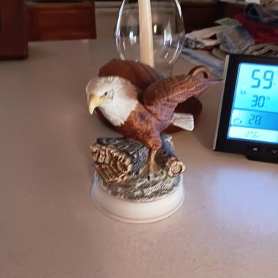 ACU-RITE ATOMIC CLOCK, PORCELAIN EAGLE AN HURRICANE CANDLE. HOLDER