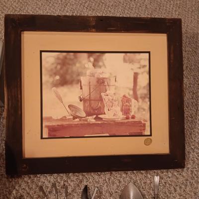 GARDENING AND HAND TOOLS, BARN WOOD FRAMED PICTURE AND MORE