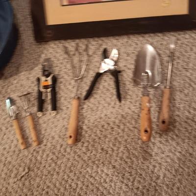GARDENING AND HAND TOOLS, BARN WOOD FRAMED PICTURE AND MORE