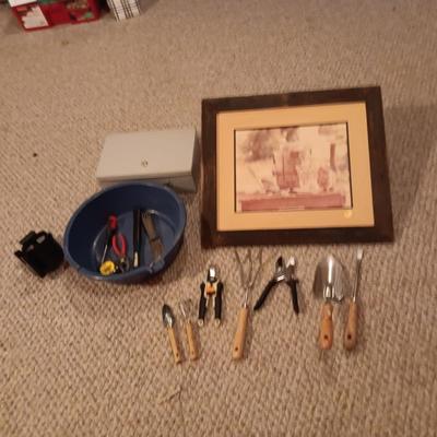 GARDENING AND HAND TOOLS, BARN WOOD FRAMED PICTURE AND MORE