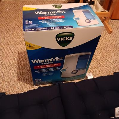 4 LIKE NEW NAVY BLUE CHAIR CUSHIONS, HUMIDIFIER AND MORE