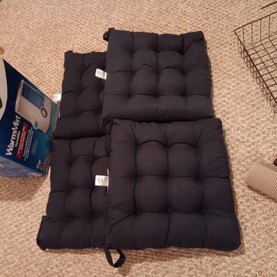 4 LIKE NEW NAVY BLUE CHAIR CUSHIONS, HUMIDIFIER AND MORE