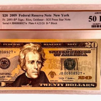 2009 $20 Bill *Star Note Graded AU 50