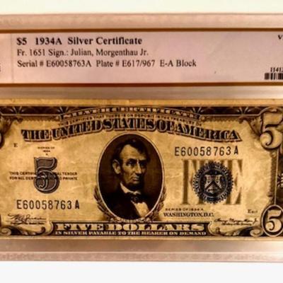 1934A $5 Bill Silver Cert. Graded VF 30