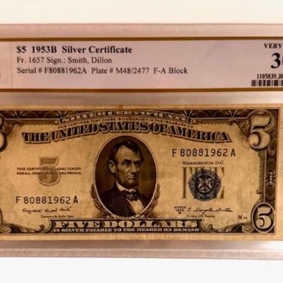 1953B $5 Bill Silver Cert. Graded VF 30