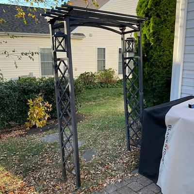 391 Black Metal Lattice Arbor With Two Lanterns