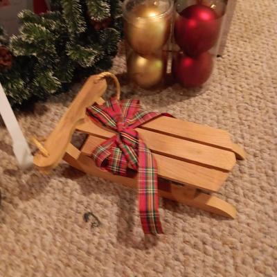 LARGE WREATH, ORNAMENTS, WOODEN SLED