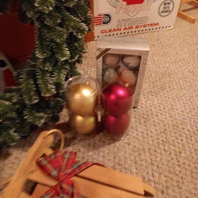 LARGE WREATH, ORNAMENTS, WOODEN SLED
