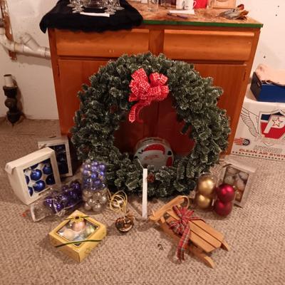 LARGE WREATH, ORNAMENTS, WOODEN SLED