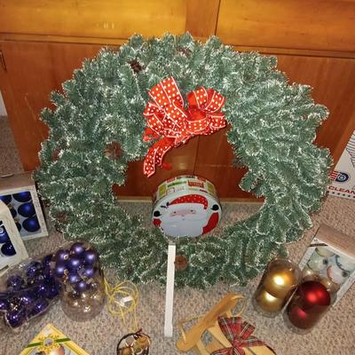 LARGE WREATH, ORNAMENTS, WOODEN SLED