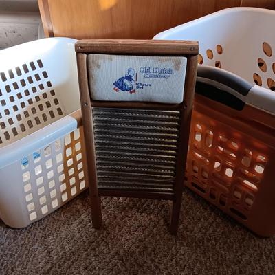 LAUNDRY BASKETS, CLEANERS, WASH BOARD AND MORE