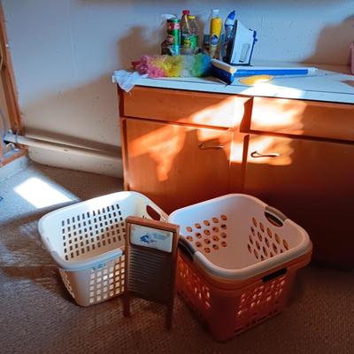 LAUNDRY BASKETS, CLEANERS, WASH BOARD AND MORE