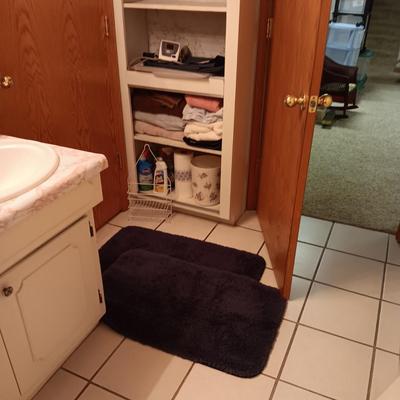 2 NAVY BLUE RUGS, TOWELS, BLOOD PRESSURE MONITOR AND MORE
