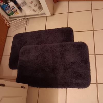 2 NAVY BLUE RUGS, TOWELS, BLOOD PRESSURE MONITOR AND MORE