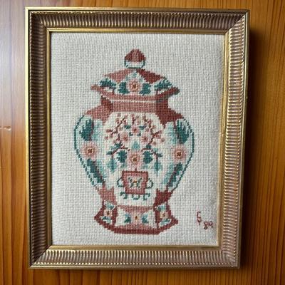 Framed Floral Ginger Jar Embroidery