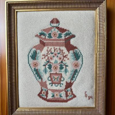 Framed Floral Ginger Jar Embroidery