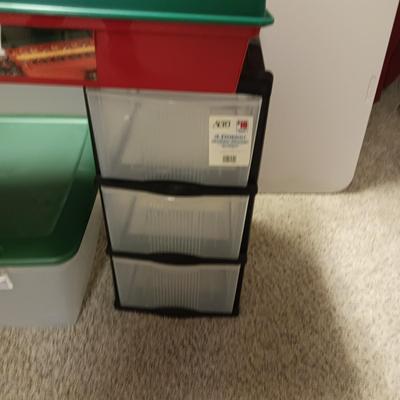 TWO 3 DRAWER ORGANIZERS AND 2 STORAGE TOTES