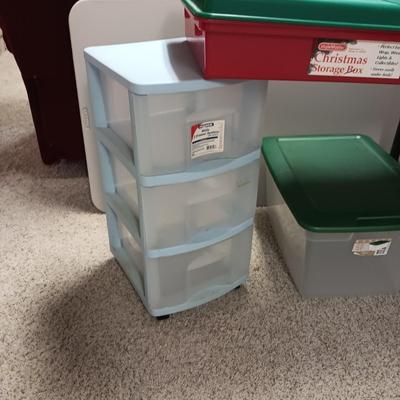 TWO 3 DRAWER ORGANIZERS AND 2 STORAGE TOTES