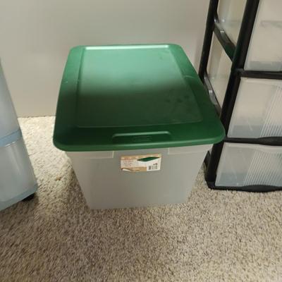 TWO 3 DRAWER ORGANIZERS AND 2 STORAGE TOTES