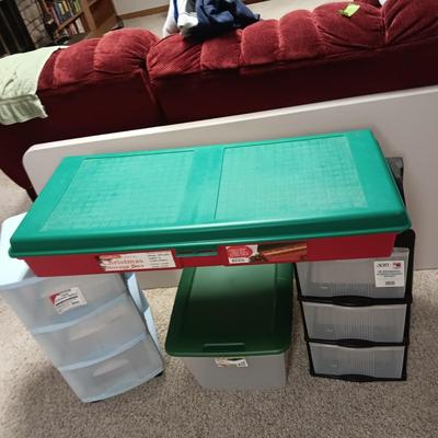 TWO 3 DRAWER ORGANIZERS AND 2 STORAGE TOTES