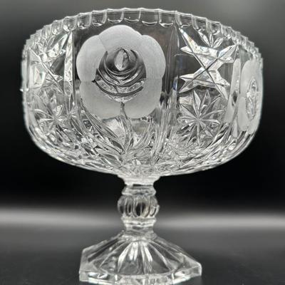 Antique Crystal Pedestal Compote Etched Roses and Ornate Design