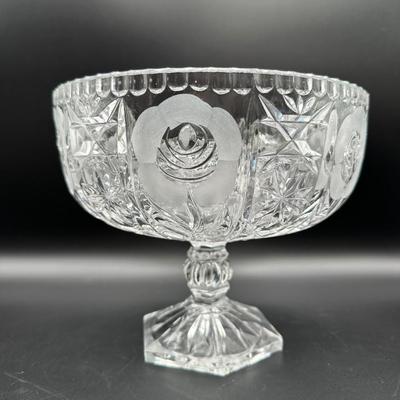Antique Crystal Pedestal Compote Etched Roses and Ornate Design