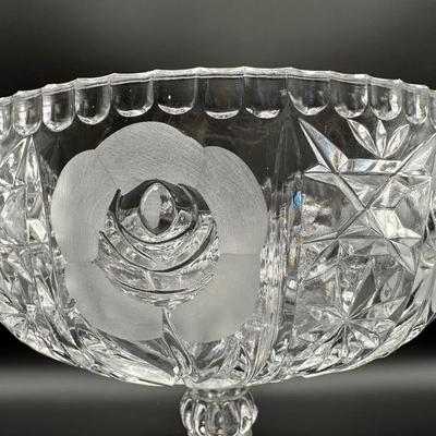 Antique Crystal Pedestal Compote Etched Roses and Ornate Design