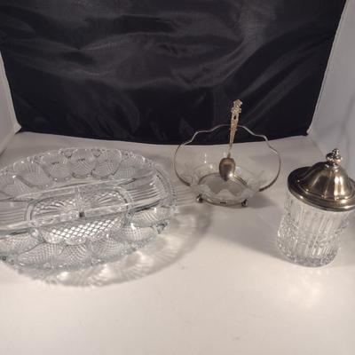 Collection of Serving Pieces- Deviled Egg Plate, Relish Caddy, Covered Jam Jar