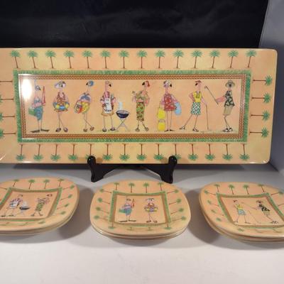 Melamine Appetizer Set with Flamingo Design- One Tray and Nine Small Plates